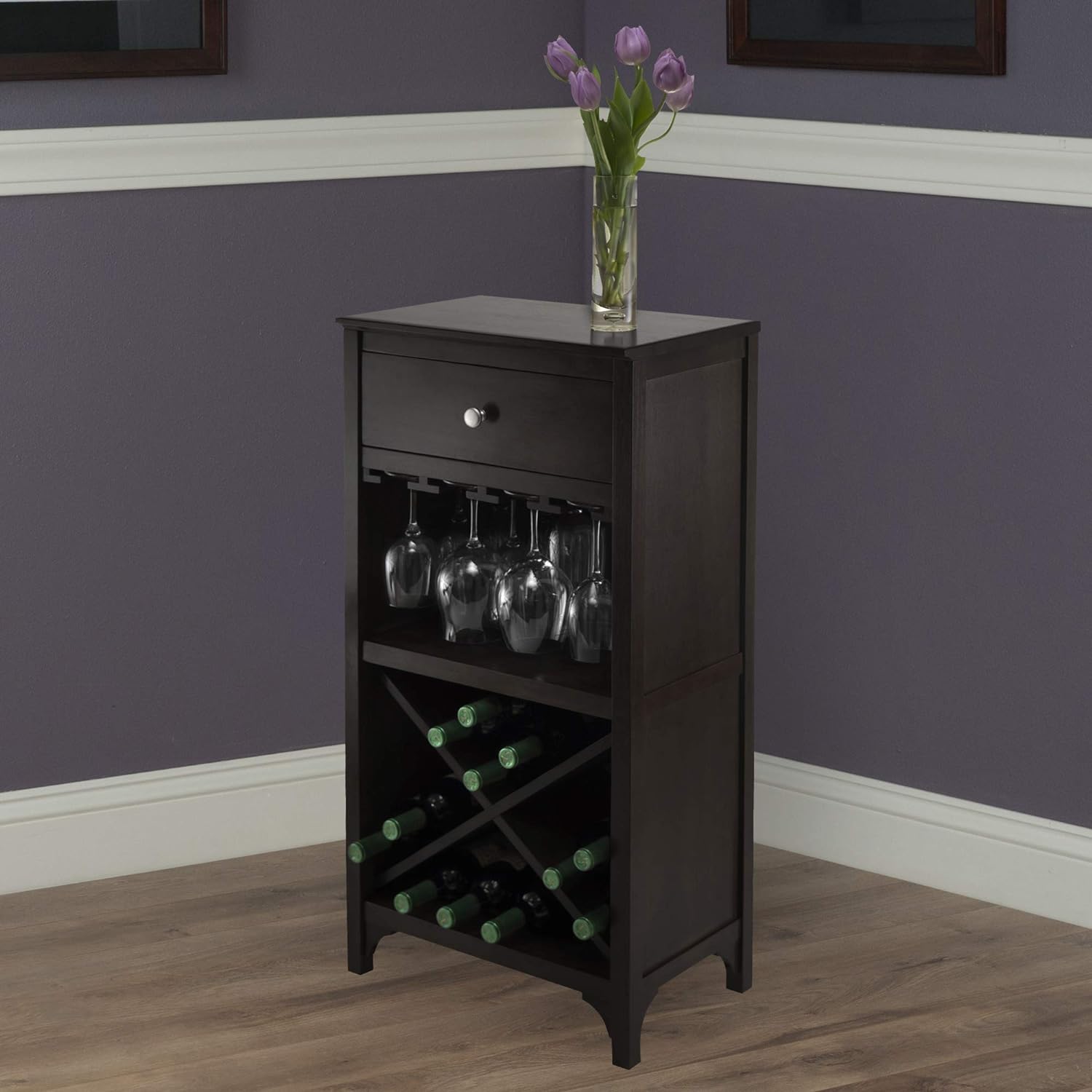 Winsome Ancona X Shelf Modular Wine Cabinet With 1-Drawer, Glass Rack, Dark Espresso (92745)