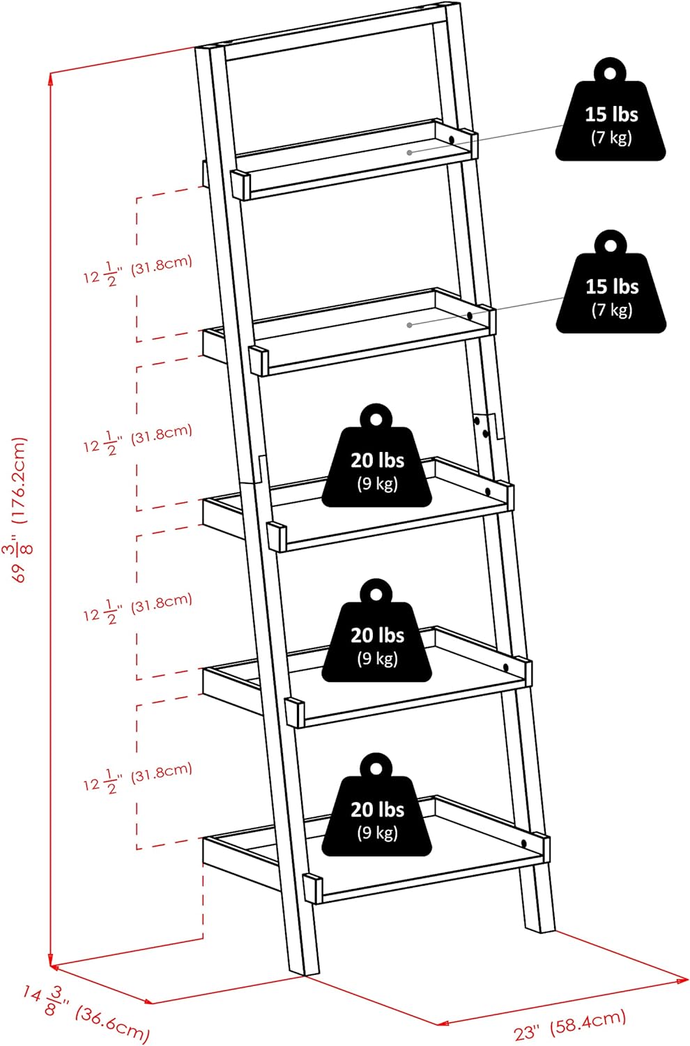 Winsome Bellamy 5-Shelf 69"H Leaning Bookcase, Black (29553)