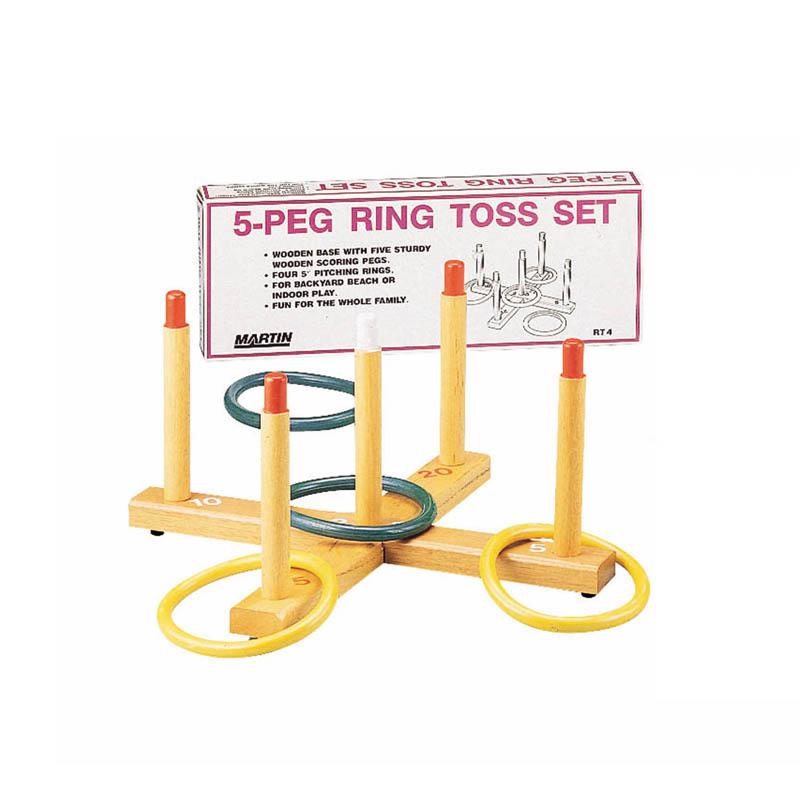 RING TOSS GAME 5-PEG BASE WOOD PEGS 4 PLASTIC RINGS