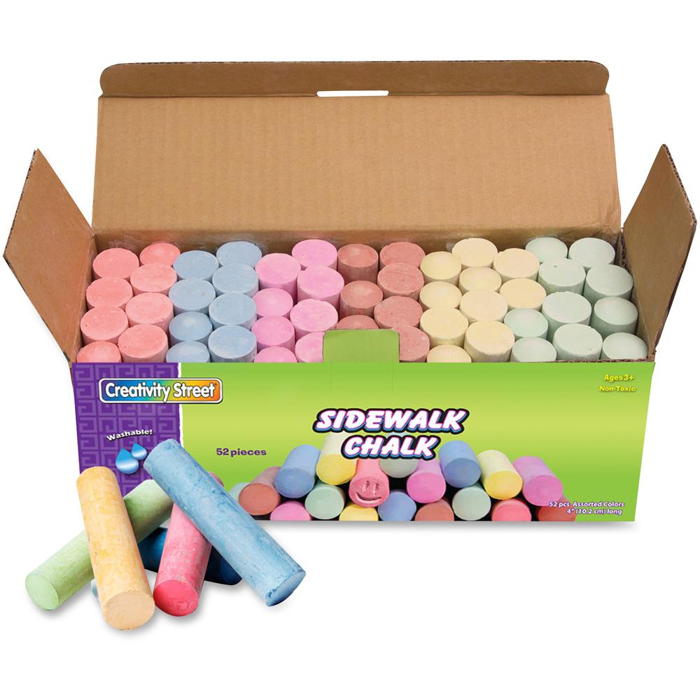 Creativity Street Sidewalk Chalk - 4" Length - 1" Diameter - Tan, Pink, Teal, Lime, Gray, White, Purple, Orange, Dark Blue, Light Blue, Dark Yellow, ... - 52 / Box - Non-toxic, Washable