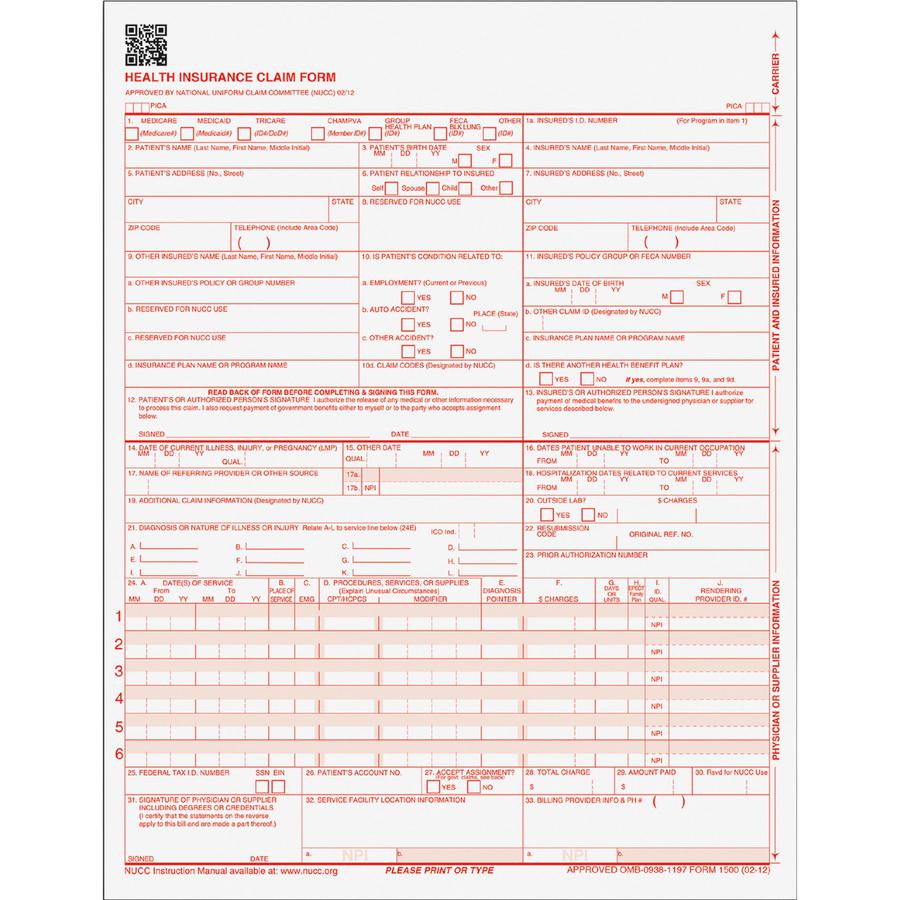 TOPS CMS-15000 Health Insurance Claim Forms - 20 lb - 11" x 8.50" Sheet Size - White Sheet(s) - Red Print Color - 250 / Pack