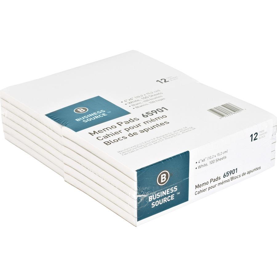 Business Source Plain Memo Pads - 100 Sheets - Plain - Glued - Unruled - 15 lb Basis Weight - 4" x 6" - White Paper - Chipboard Backing - 144 / Carton