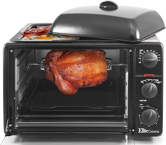 Maxi-Matic Elite Gourmet ERO-2019S Countertop Toaster Oven with Top Grill & Griddle Rotisserie, Bake, Grill Broil, Roast, Toast, Keep Warm, Fits A 12” Pizza, 6-Slice, 23L Capacity, Black