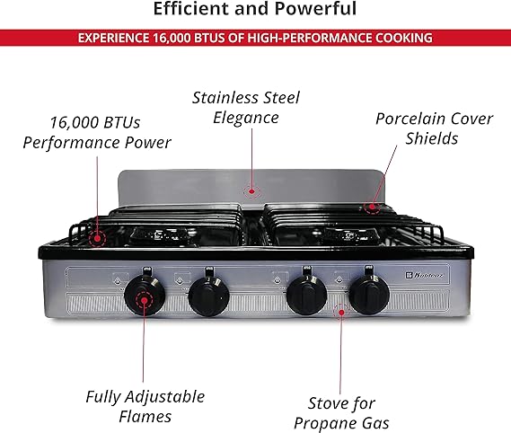 Koblenz PSK-400S 4 Portable Porcelain Cover and Four 16,000 BTU Burners, Stainless Steel Stove for Propane Gas