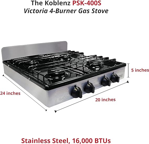 Koblenz PSK-400S 4 Portable Porcelain Cover and Four 16,000 BTU Burners, Stainless Steel Stove for Propane Gas