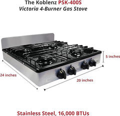 Koblenz PSK-400S 4 Portable Porcelain Cover and Four 16,000 BTU Burners, Stainless Steel Stove for Propane Gas