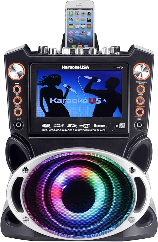 Karaoke USA GF946 GF946 DVD/CD+G/MP3+G Bluetooth 35-Watt Karaoke System with 7-Inch TFT Digital Color Screen, LED Lights, HDMI Output, and 2 Microphones (Black)