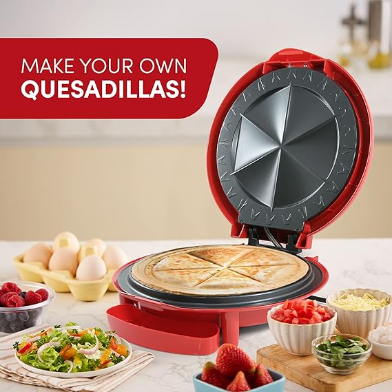 Elite Gourmet EQD-118 Electric Non-Stick Mexican Taco Tuesday 11" Quesadilla Maker, Easy-Slice 6-Wedge, Grilled Cheese, Red