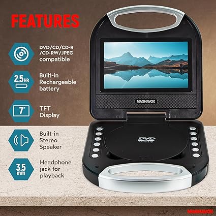 Magnavox MTFT750-BK Portable 7 inch TFT DVD/CD Player with Remote Control and Car Adapter in Black | Rechargeable Battery | Headphone Jack | Built-In Speakers