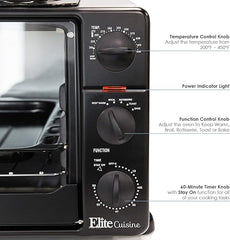 Maxi-Matic Elite Gourmet ERO-2019S Countertop Toaster Oven with Top Grill & Griddle Rotisserie, Bake, Grill Broil, Roast, Toast, Keep Warm, Fits A 12” Pizza, 6-Slice, 23L Capacity, Black