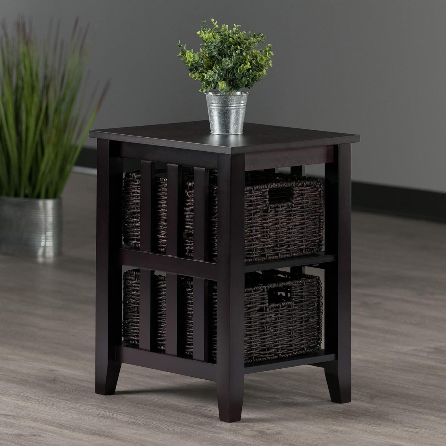 Winsome Morris 25.04" x 20.08" x 16.54" Wood Side Table With 2 Foldable Baskets, Espresso