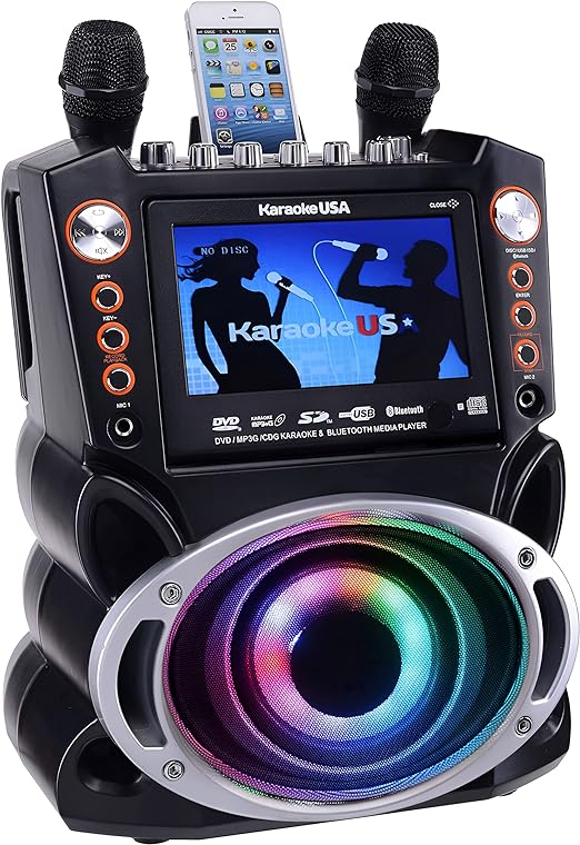 Karaoke USA GF946 GF946 DVD/CD+G/MP3+G Bluetooth 35-Watt Karaoke System with 7-Inch TFT Digital Color Screen, LED Lights, HDMI Output, and 2 Microphones (Black)