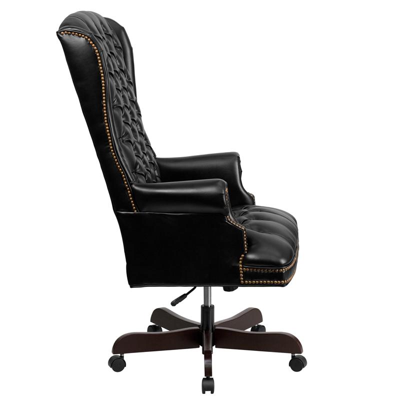 High Back Traditional Fully Tufted Black Executive Swivel Office Chair with Arms