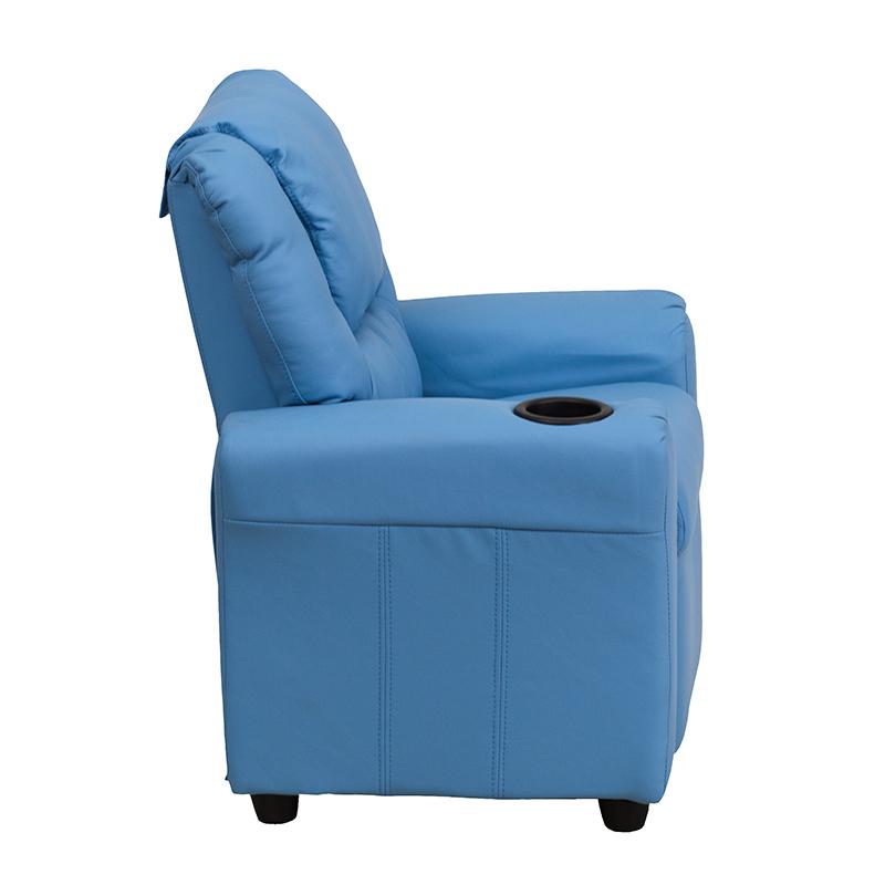 Contemporary Light Blue Vinyl Kids Recliner with Cup Holder and Headrest