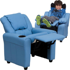 Contemporary Light Blue Vinyl Kids Recliner with Cup Holder and Headrest