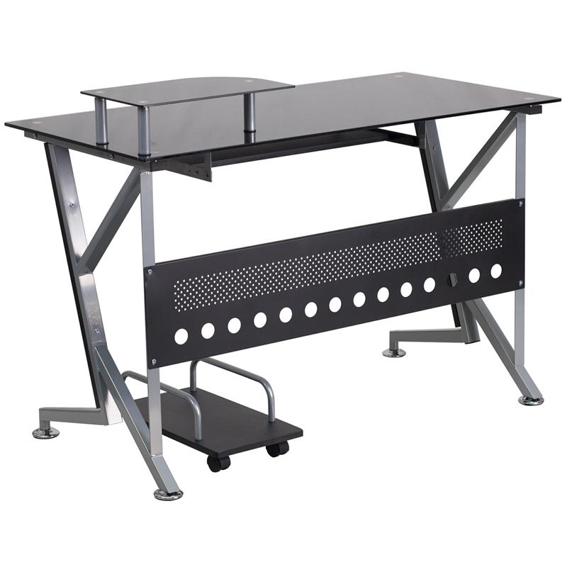 Black Glass Computer Desk with Pull-Out Keyboard Tray and CPU Cart