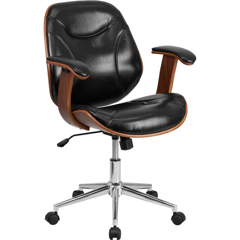 Mid-Back Black Executive Ergonomic Wood Swivel Office Chair with Arms